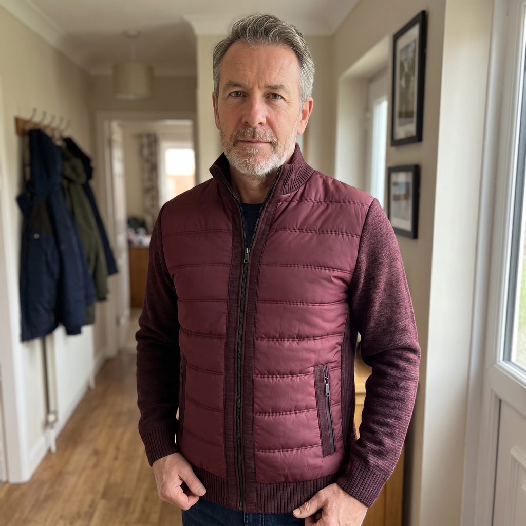TEXTURED KNIT SLEEVE PUFFER JACKET FOR MEN
