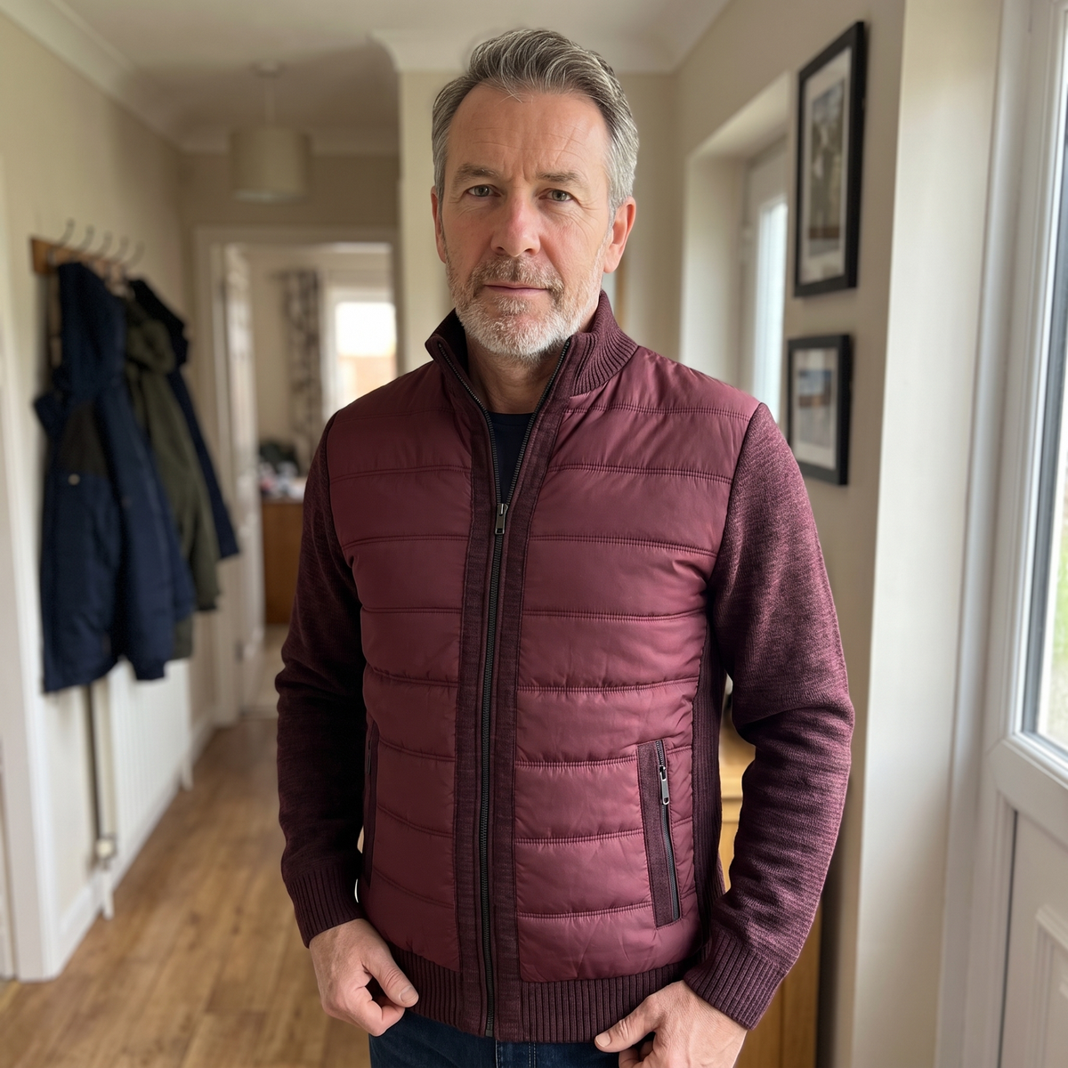 TEXTURED KNIT SLEEVE PUFFER JACKET FOR MEN