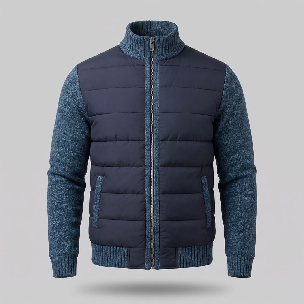 TEXTURED KNIT SLEEVE PUFFER JACKET FOR MEN