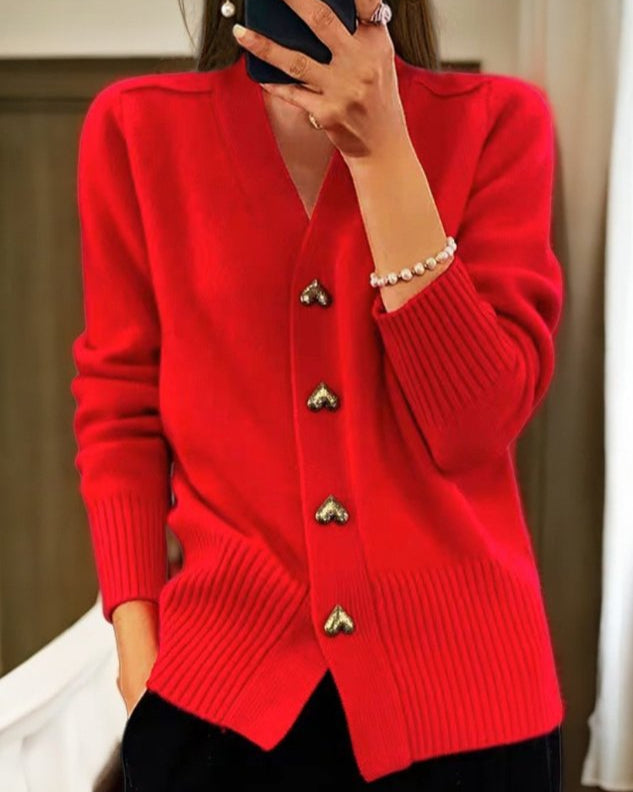 HEART BUTTON KNIT CARDIGAN FOR WOMEN