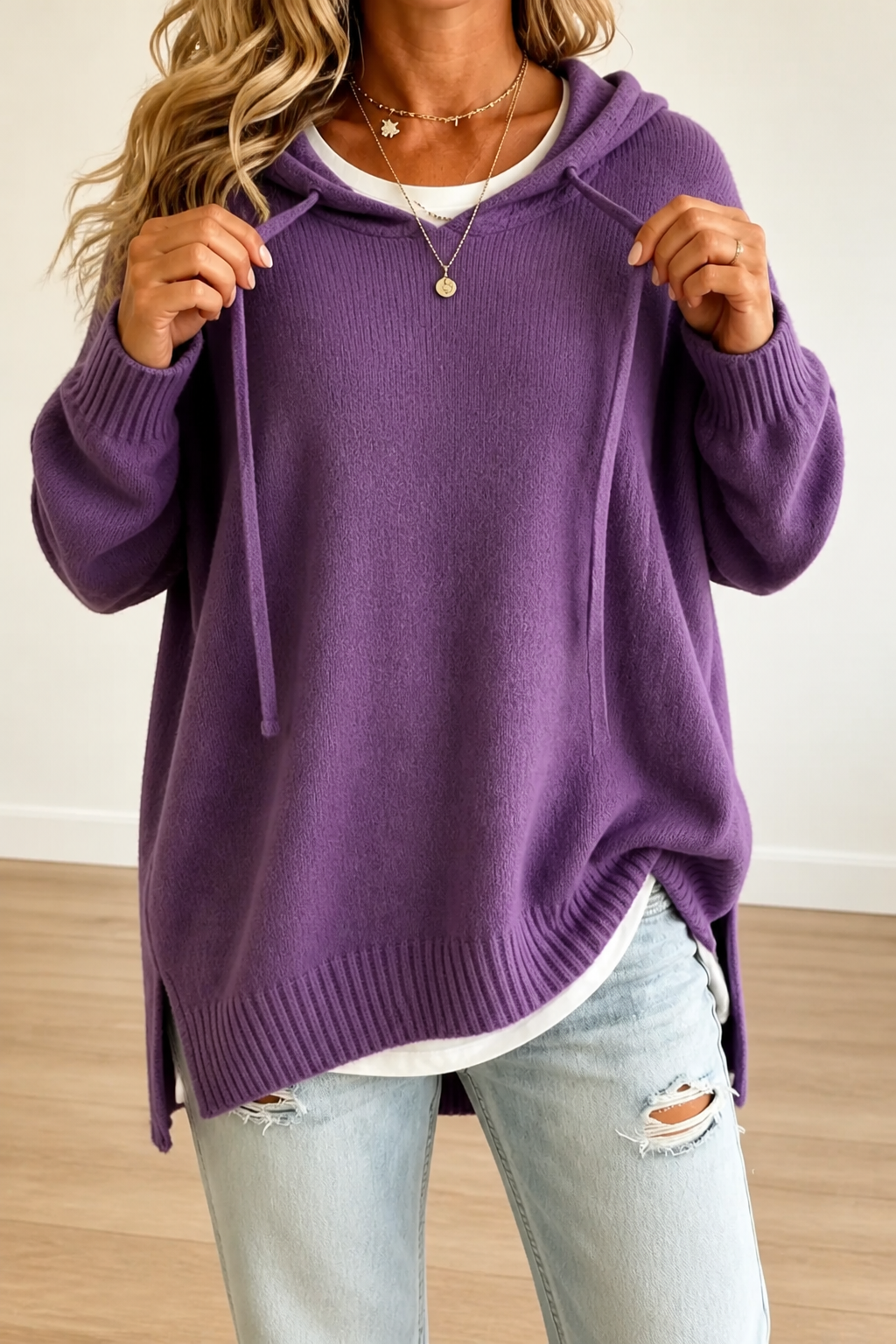HOODED DRAWSTRING KNIT SWEATER FOR WOMEN