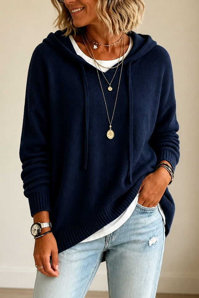 HOODED DRAWSTRING KNIT SWEATER FOR WOMEN