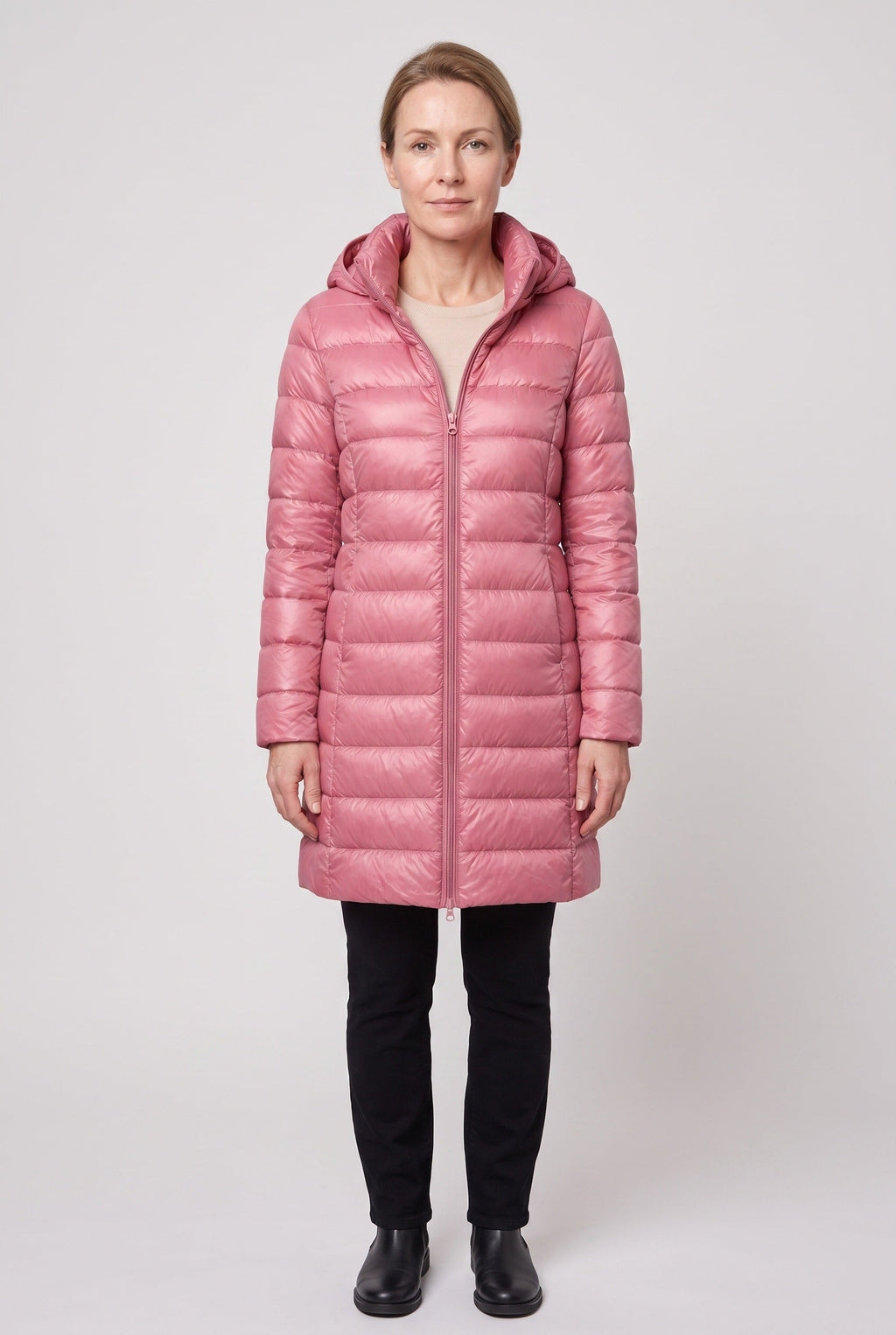 HOODED LONGLINE DOWN PUFFER JACKET FOR WOMEN