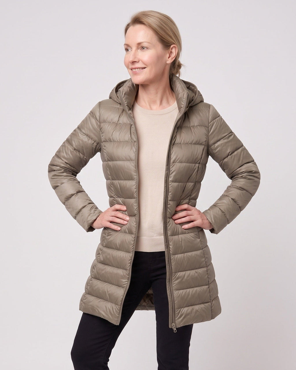 HOODED LONGLINE DOWN PUFFER JACKET FOR WOMEN