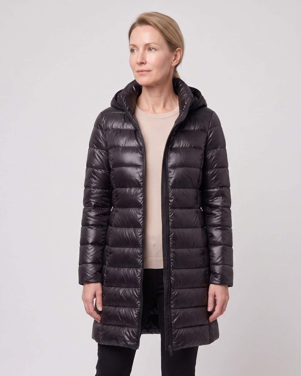 HOODED LONGLINE DOWN PUFFER JACKET FOR WOMEN