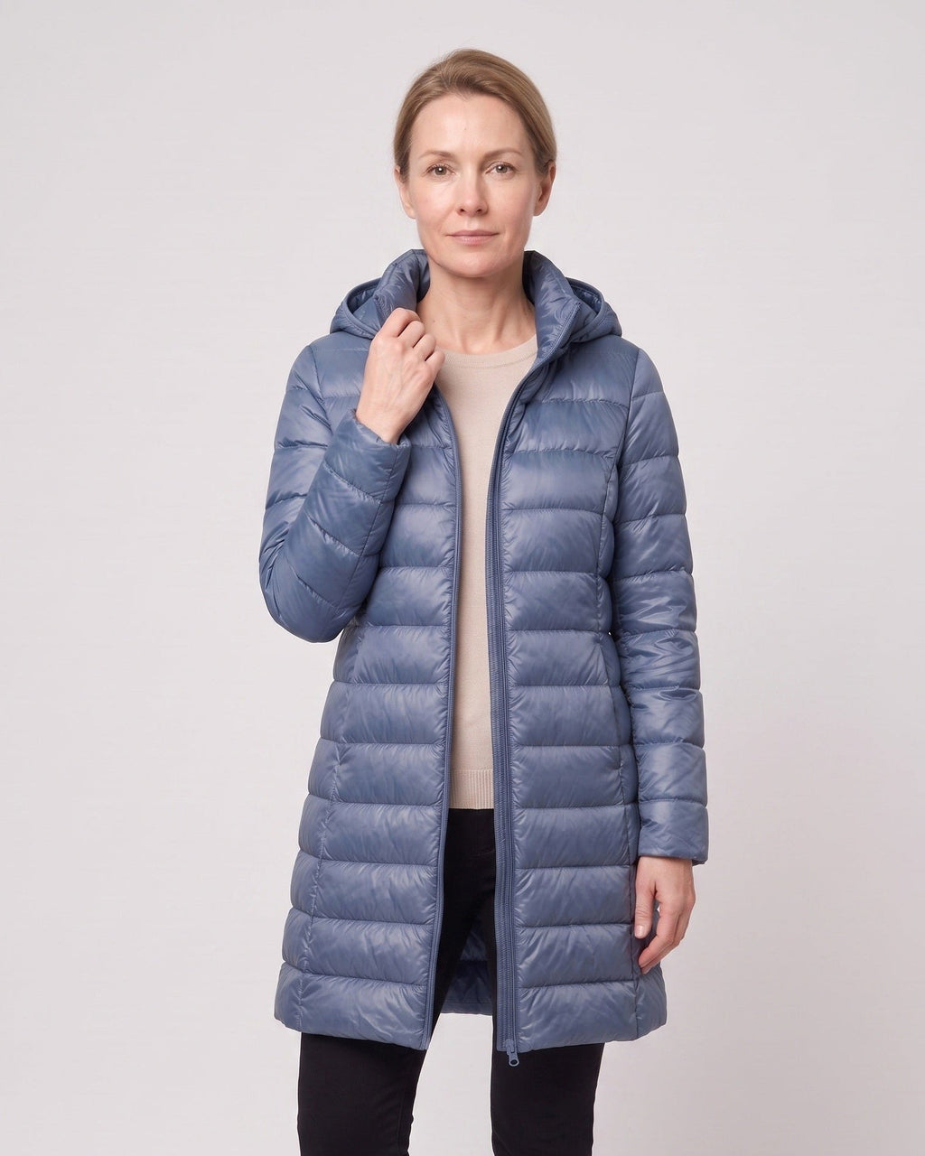 HOODED LONGLINE DOWN PUFFER JACKET FOR WOMEN