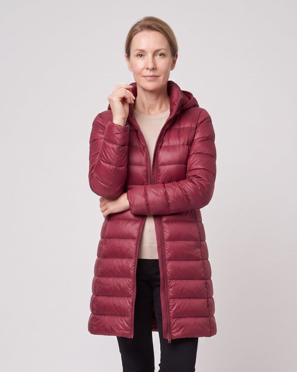 HOODED LONGLINE DOWN PUFFER JACKET FOR WOMEN
