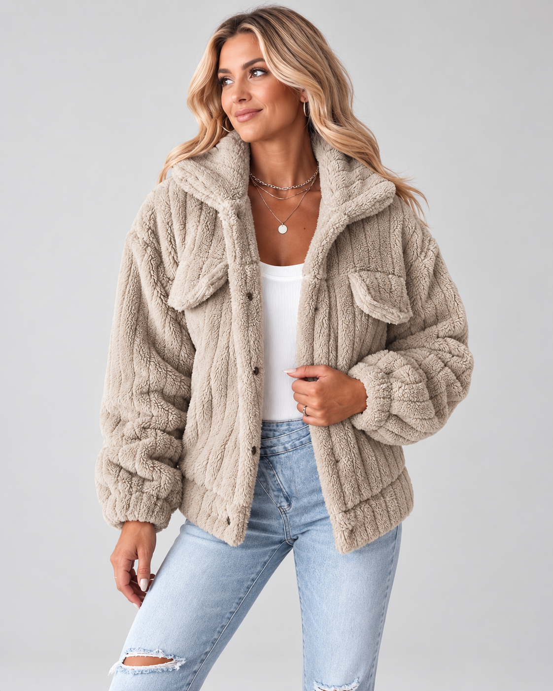 RIBBED COLLAR WINTER JACKET FOR WOMEN